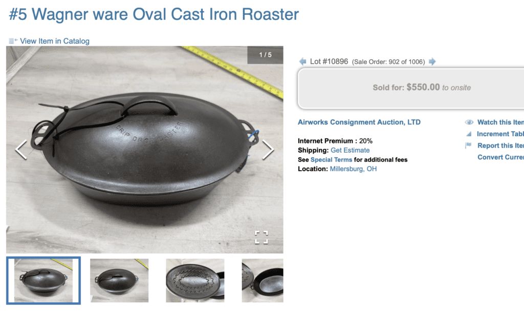 Wagner Ware cast iron oval Drip Drop Baster number 5 with lid Cover. Sold for $550. 